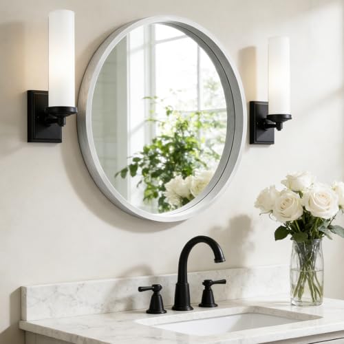 WallBeyond 24 Inch Round Wood Mirror, Circle Wooden Frame Wall Mirror for Bathroom, Living Room, Bedroom, Entryway (White) - color: White, size: 24"L x 24"W
