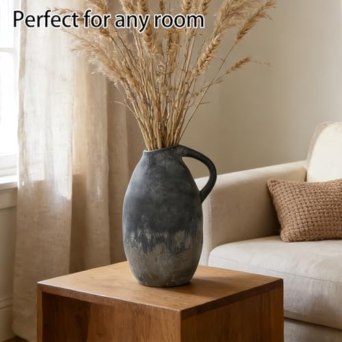 Rustic Ceramic Vase with Handle, 10.3 Inch, Handmade Decor - color: Black