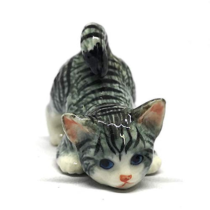 Handmade Ceramic Gray Miniature Tabby Cat Figurine, Shelf Decor