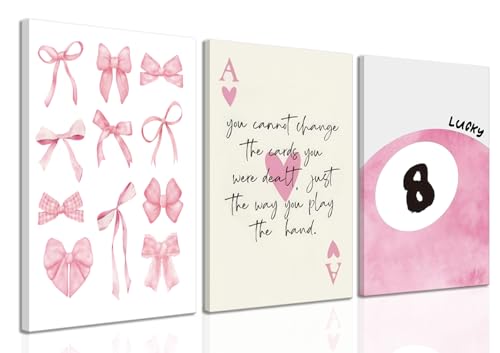 Pink Bow Canvas Wall Art Set of 3 Framed, Preppy Lucky 8 Ball Wall Decor Cute Girly Room Aesthetic Posters Prints Painting for Girls Bedroom College Apartment 12x16 In - color: pink framed, size: 12x16in