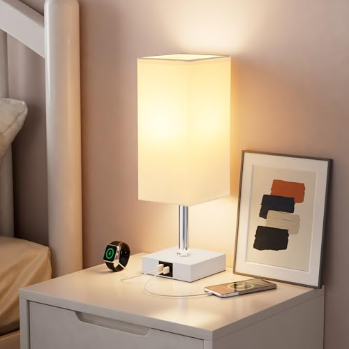 Touch Table Lamp for Bedroom - Dimmable, USB C+A, White Lamphade White Base - color: White & White