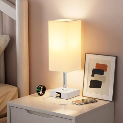 Touch Table Lamp for Bedroom - Dimmable, USB C+A, White Lamphade White Base - color: White & White