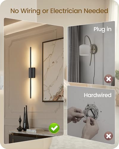27.6" Wireless Wall Sconces Battery Operated Set of 2, Rechargeable Lamps with Remote, 360° Rotation, 10000mAh, Touch Dimmable Lights for Bedroom, Living Room, Hallway, Black B06YBP205 - color: Black, size: 27.6 Inches