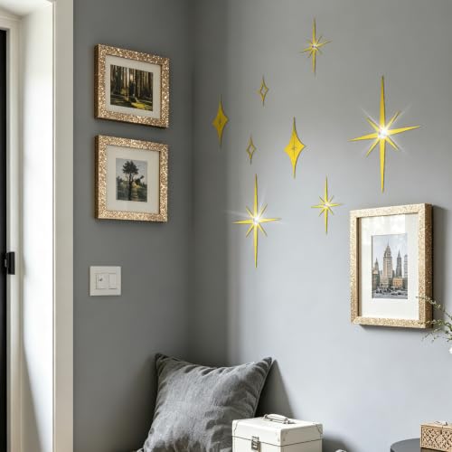Bnesi 8 PCS Gold Wall Decor with Gold Stars,Diamond Studded Metal Wall Art - color: Gold diamond