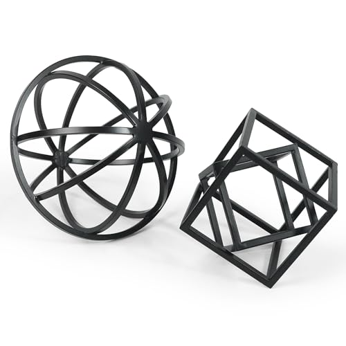 DreamsEden Modern Geometric Sculptures Set - 6" Black Metal Sphere & Cube, Minimalist Shelf Decor, Tabletop Centerpiece, Office Art