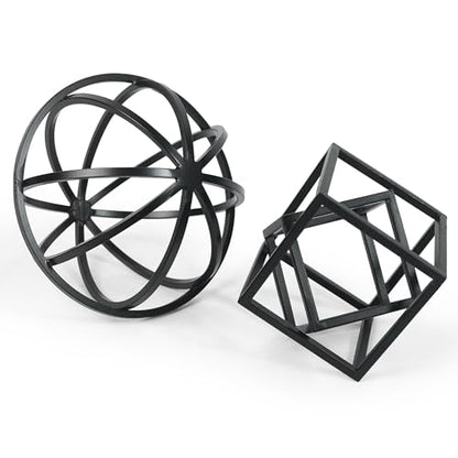 DreamsEden Modern Geometric Sculptures Set - 6" Black Metal Sphere & Cube, Minimalist Shelf Decor, Tabletop Centerpiece, Office Art