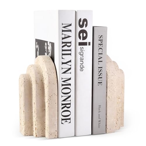 Natural Marble Book Ends - Heavy Duty Bookends for Shelves - Aesthetic Layered Arch Design Stone Book Holders, Unique Modern Office Bookshelf Stopper Decor for Books/CDs(Travertino Turkey) - style: Arched-Beige