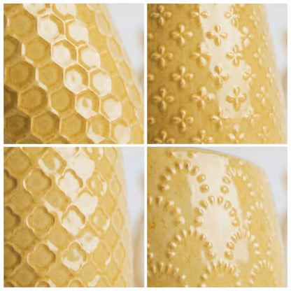 EFISPSS Ceramic Plant Pots, 5 Inch Planters with Drainage Holes and Ceramic Tray, Relief Design Flower Planter, Desktop Office Windowsill Decoration Gift Set of 4 - Lemon Yellow - color: Lemon Yellow