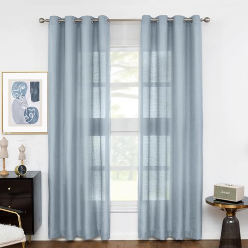 Melodieux Dusty Blue Semi Sheer Curtains 63 Inch Length for Living Room, Linen Rustic Bedroom Privacy Window Grommet Sheer Drapes, 52 by 63 Inch, 2 Panels - color: Dusty Blue, size: 52"W x 63"L (Pack of 2)