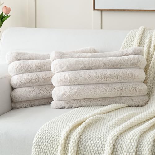 FUTEI Pack of 2 Faux Rabbit Fur Throw Pillow Covers 12x20 Inch, Beige - color: Beige, size: 20" x 12" (Pack of 2)