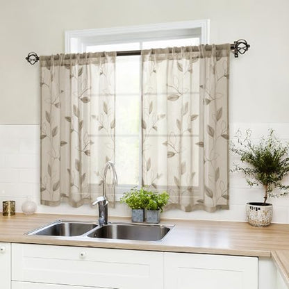 HOMEIDEAS Taupe Kitchen Sheer Tier Curtains Leaf Embroidered, 30x36 - color: 2-taupe/Beige, size: 30"W x 36"L (Pack of 2)