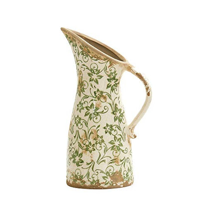 Nearly Natural 10 in Tuscan Ceramic Green Scroll Pitcher Vase