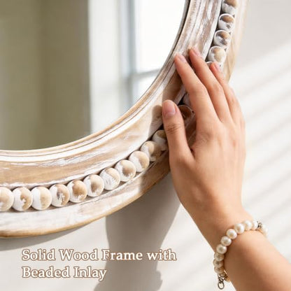 27 Inch Wooden Round Beaded Wall Mirror,Farmhouse Wood Round Mirror - color: Natural