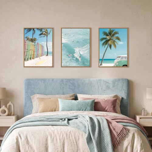 KAIRNE Blue Ocean Surfboard Seascape Framed Canvas Wall Art Set-12"x16"x3 - color: Summer Surfing Wall Art, size: 12"L x 16"W