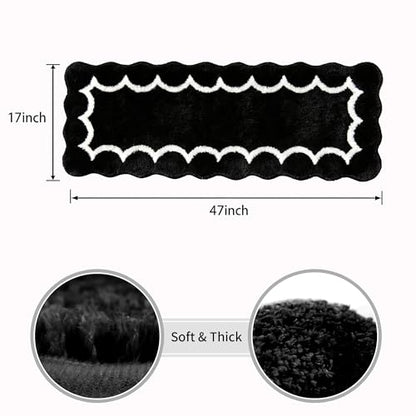 Scalloped Black Bathroom Rugs Runner,Non Slip Absorbent 17"x47" - color: Black2, size: 2' x 4'11" (Rectangular)