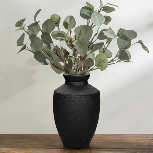 Black Rustic Ceramic Vase - 10 Inch Large Pottery Flower Vases for Home Decor Farmhouse Minimalist Vase for Living Room Centerpiece for Fireplace Entryway Shelf Kitchen Decor - color: Black, size: 10 Inch