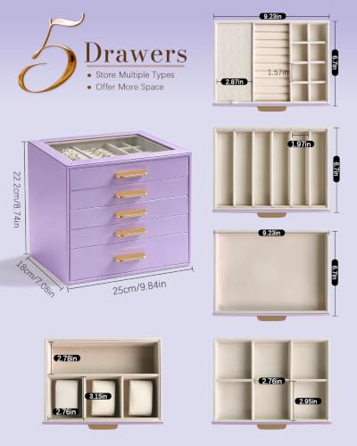 Homeanda Jewelry Boxes Organizer with Glass Lid, 5-Layer PU Leather, Purple - color: Lavender Purple, size: 5 Layer