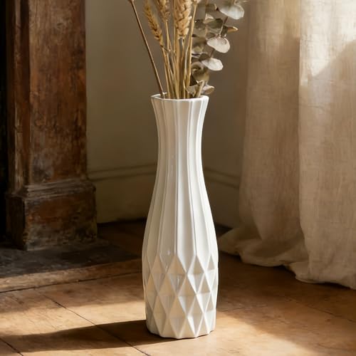 White Tall Ceramic Floor Vase, 17.7 Inch, Flared Geometric Design - color: Shape 2, size: 17.7 Inch