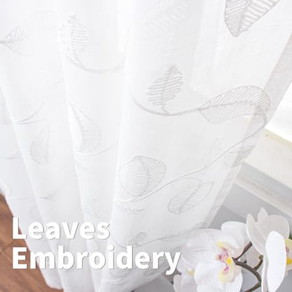 BGment White Sheer Curtains 90 Inches Long Living Room 2 Panels - color: White-leaf, size: 52"W x 90"L (Pack of 2)