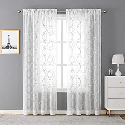 VISIONTEX Grey and White Sheer Curtains Moroccan Embroidered 96 Inches - color: A-grey, size: 54"W x 96"L (Pack of 2)