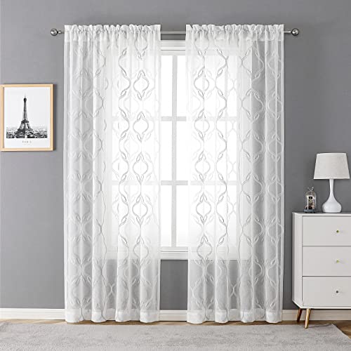 VISIONTEX Grey and White Sheer Curtains Moroccan Embroidered 84 Inches - color: A-grey, size: 54"W x 84"L (Pack of 2)