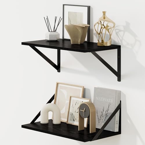 Fun Memories Deep Floating Shelves for Wall, 16W x 8D Wall Mounted Shelves Set of 2, Wide Display Ledge Shelf with Sturdy Metal Brackets for Living Room, Bathroom, Bedroom and Kitchen, Black - color: Black, size: 16"L x 8"D