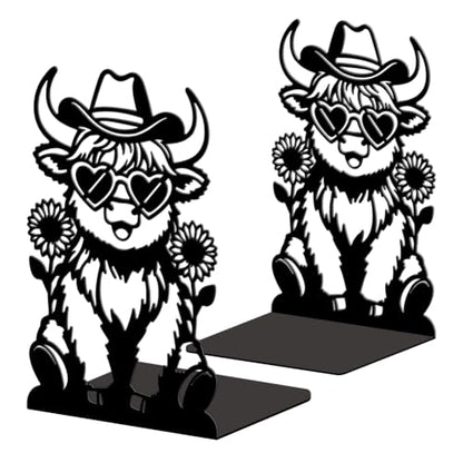 Peacoblue 5.3"x4.3"x7.9" Metal Bookends, Heavy Duty Book Ends for Shelves - style: Highland Cattle with Sunflowers