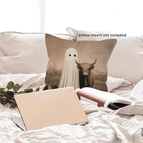 Moody Halloween Ghost Western Highland Cow Throw Pillow Cover 18x18 - color: Highland Cow-10