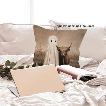 Moody Halloween Ghost Western Highland Cow Throw Pillow Cover 18x18 - color: Highland Cow-10