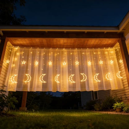 Dazzle Bright Ramadan Curtain String Lights, 138 LED 8.2 FT Warm White Star Moon Window Lights with Timer and 8 Lighting Modes, Waterproof Ramadan Decorations for Bedroom Wall Wedding Outdoor Party - size: Star Moon