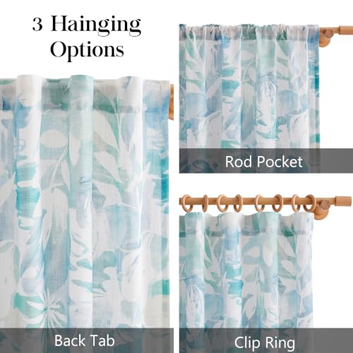 Aqua Blue White Leaf Sheer Curtains 54x84" Abstract Floral Print Bedroom 2 - color: Back Tab- Semi Sheer- Aqua Blue, size: 55"W x 84"L (Pack of 2)