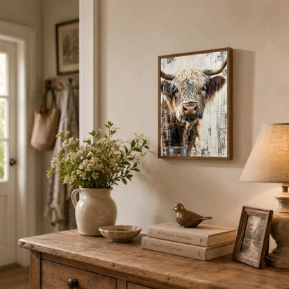 Rustic Highland Cow Framed Wall Art, Farmhouse Canvas Print, 12x16 Inch - color: Brown-Highland cow