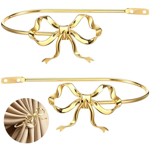 2PCS Metal Bow Curtain Holdbacks, Gold Wall Mounted Curtain Hold Backs