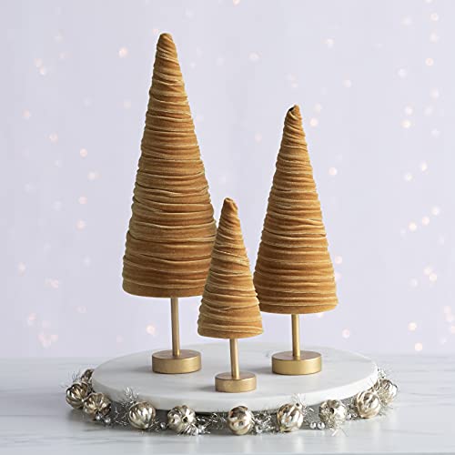 Gold Pedestal Velvet Trees Set of 3, Elegant Winter Accent Mantel, Valentine Tabletop, Sophisticated Wedding Centerpiece, Office Bookshelf, Cozy (Gold) - color: Gold