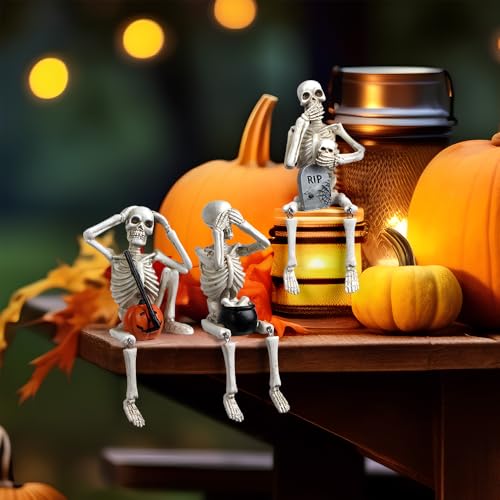 Halloween Skeleton Statue Set of 3, See Speak Hear No Evil Figurines - color: White