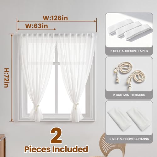White Gauze Curtains Sheer Self-Adhesive, Translucent Privacy Panel, Fold-Up Portable Curtain No Drill (63" W x 72" L,White,2 Panels) - color: White, size: 63"W x 72"L (Pack of 2)