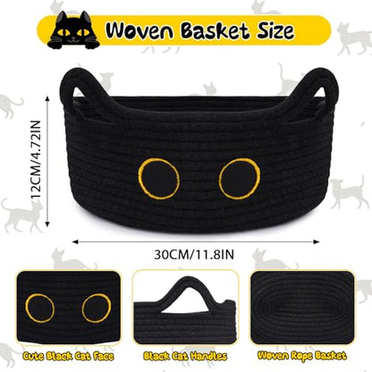 Black Cat Toy Basket for Nursery,Small Cute Cat Oval Woven Rope Basket - color: Black, size: 12"D x 5"H IN