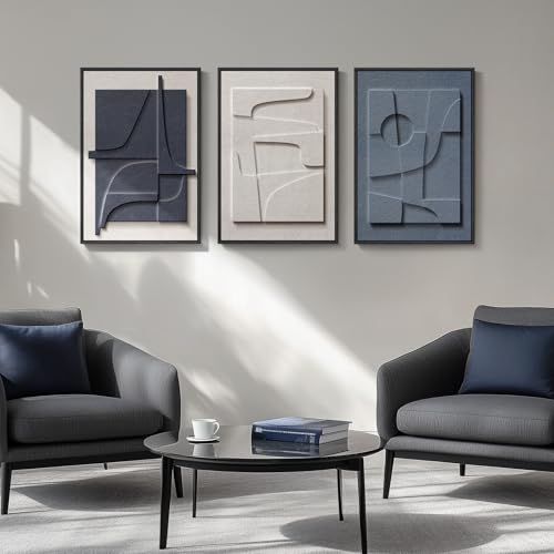 3D Textured Framed Blue and White Abstract Wall Art Set, 3 Piece, 16x24 In - color: Blue and White, size: 16"w X 24"h X 3pcs