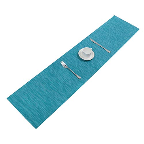 SHACOS Woven Vinyl Table Runner Indoor Outdoor 12x54 inch Kitchen Dining Table Runners Wipe Clean Washable PVC Table Runner, Teal Blue - color: Teal Blue, size: Table Runner 12 x 54 inch