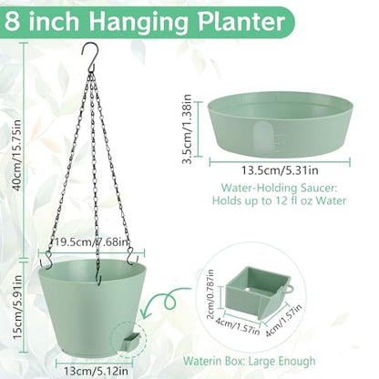 8 Inch Hanging Planters Indoor Outdoor, 3 Pack Plastic Self Watering Plant Pots with Drainage Holes & Saucers, Hanging Baskets Flower Pots with Chain for Ivy, Spider Plant, Pothos, Ferns - color: Green