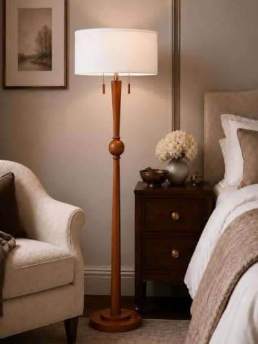 MOFFE Solid Wood Floor Lamp for Living Room,Pull Chains Standing Lamp - color: Amber Walnut