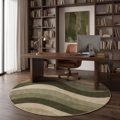 6Ft Olive Green and Beige Abstract Wave Area Rug for Living Room - color: Olive Green/Beige, size: 6' (Round)