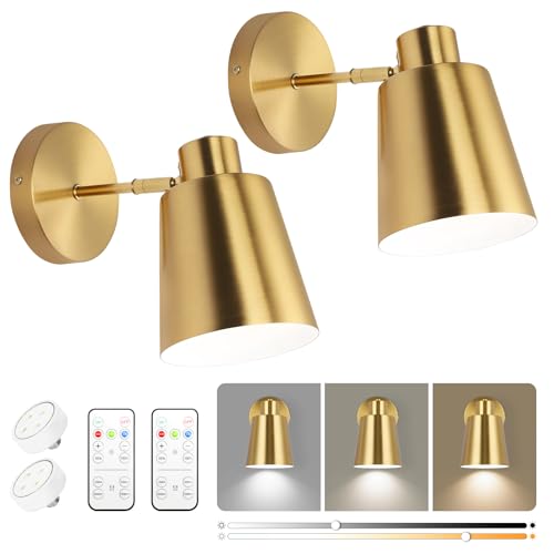 KELUOLY Gold Wireless Battery Operated Wall Sconces, Industrial Cordless Battery Powered Led Wall Lights Set of 2, Vintage Wall Lamp Fixture Indoor with Remote Control for Bedroom, Bathroom, Hallway - color: Gold