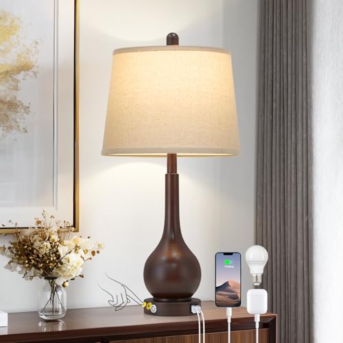 26" Brown Table Lamp Single, Touch Control Bedside Lamp for Bedroom Nightstand, 3-Way Dimmable Farmhouse Lamp for Living Room with Charging Port (1 Pack) - color: Brown - 26"H - 1 Pack