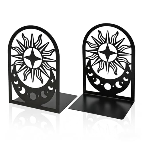 Book Ends, Set of 2 Metal Bookends for Shelves, Decorative Bookends for Heavy Books, Non-Slip Book End, Black Bookend for Home Office (Moon Phase) - color: Moon Phase