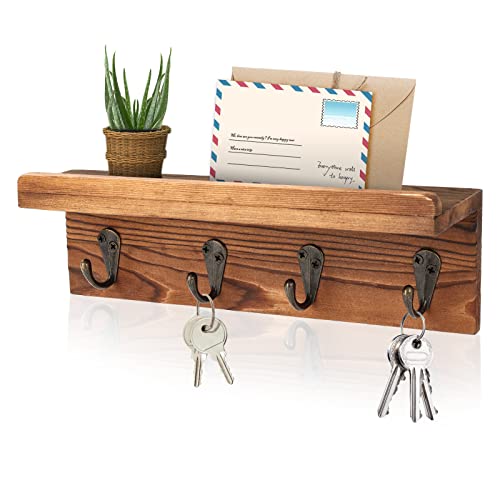 Key Holder Wall Mount, Farmhouse Wall Shelf with 4 Hooks for Entryway - color: Brown - Pine