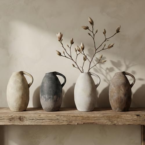 Rustic Ceramic Vase with Handle, 10.3 Inch, Farmhouse Decor, Beige - color: Beige