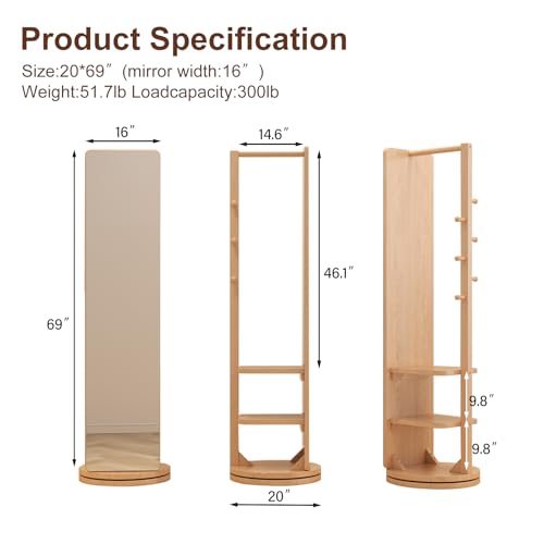 WoodsWhisper Full Length Mirror Coat Rack Solid Wood Floor Mirror 70"x16" Full Length Mirror with Stand Long Mirrors for Bedroom,Living Room (Natural, 70" L x 16" W) - color: Natural, size: 70"L x 16"W