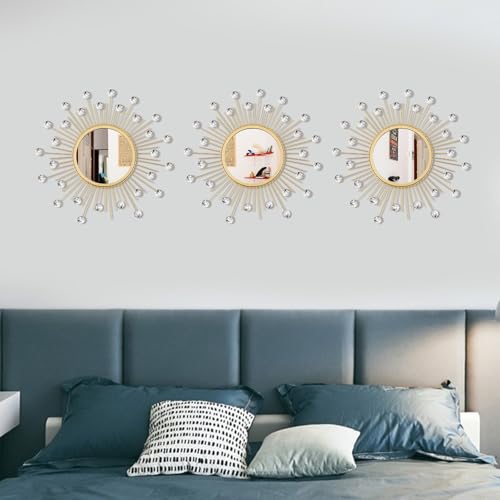 3 Pack Metal Mirrors for Wall Sunburst Wall Mirror Gold Crystal Home Accent - color: Gold Crystal