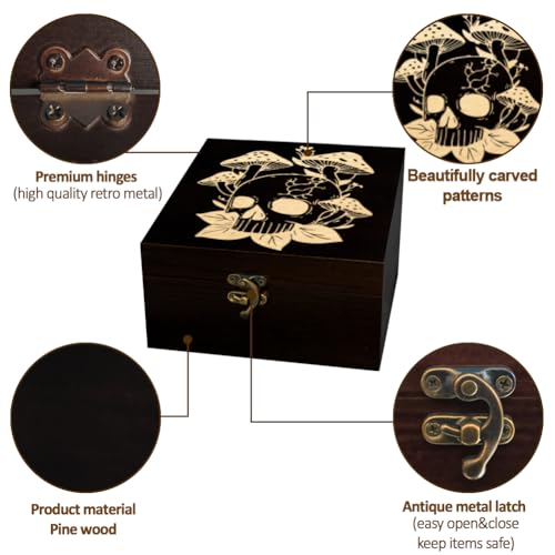 arricraft Small Wooden Keepsake Storage Box, Skeleton Skull Mushroom Plant